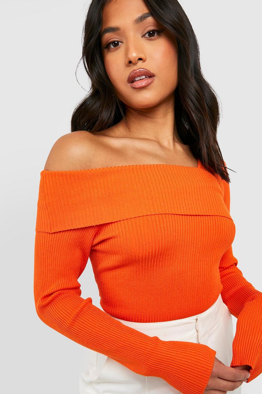 Orange Petite Asymmetric Bardot Rib Knitted Bodysuit image number 1