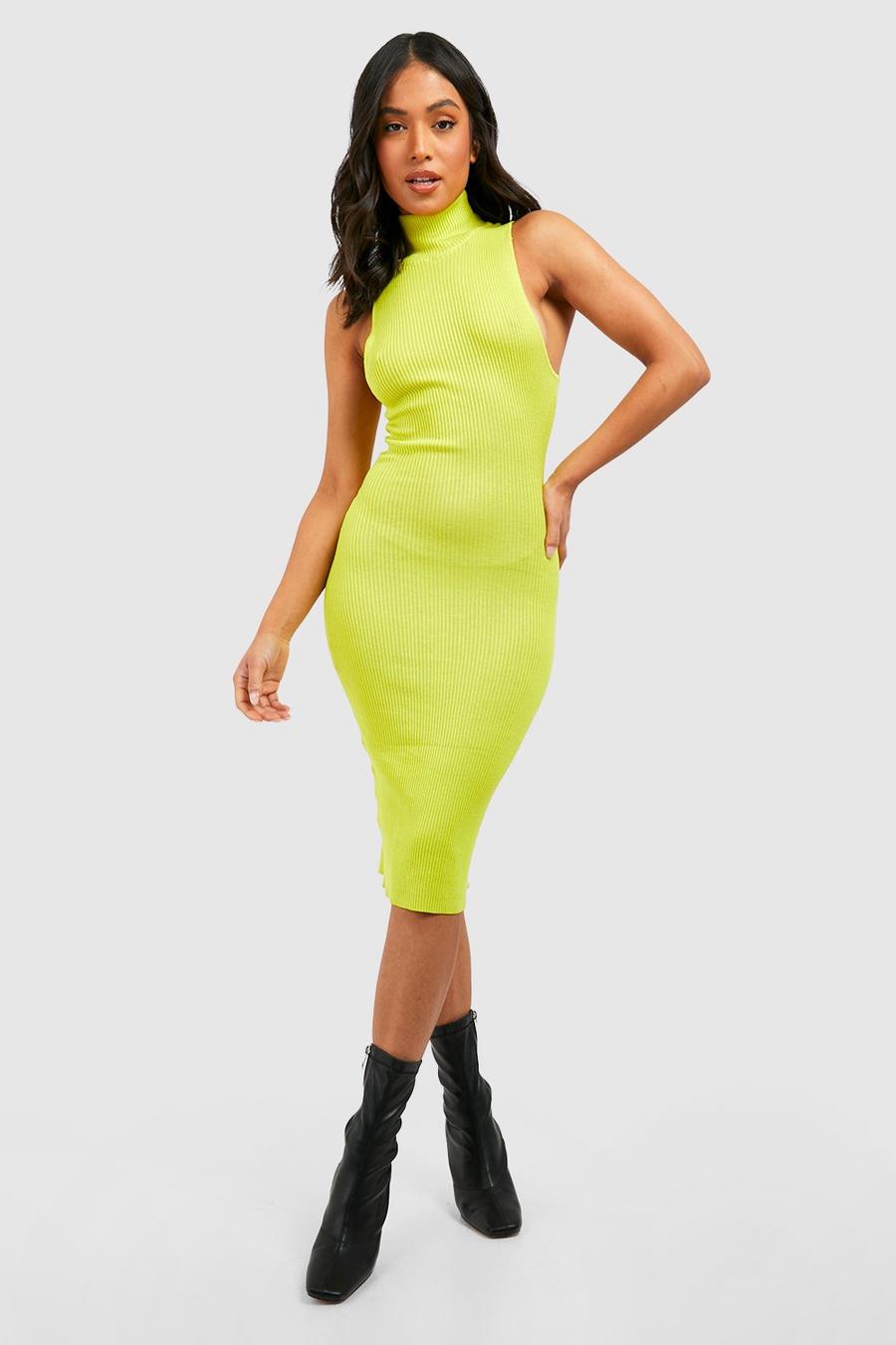 Lime Petite High Neck Rib Knitted Midi Dress image number 1