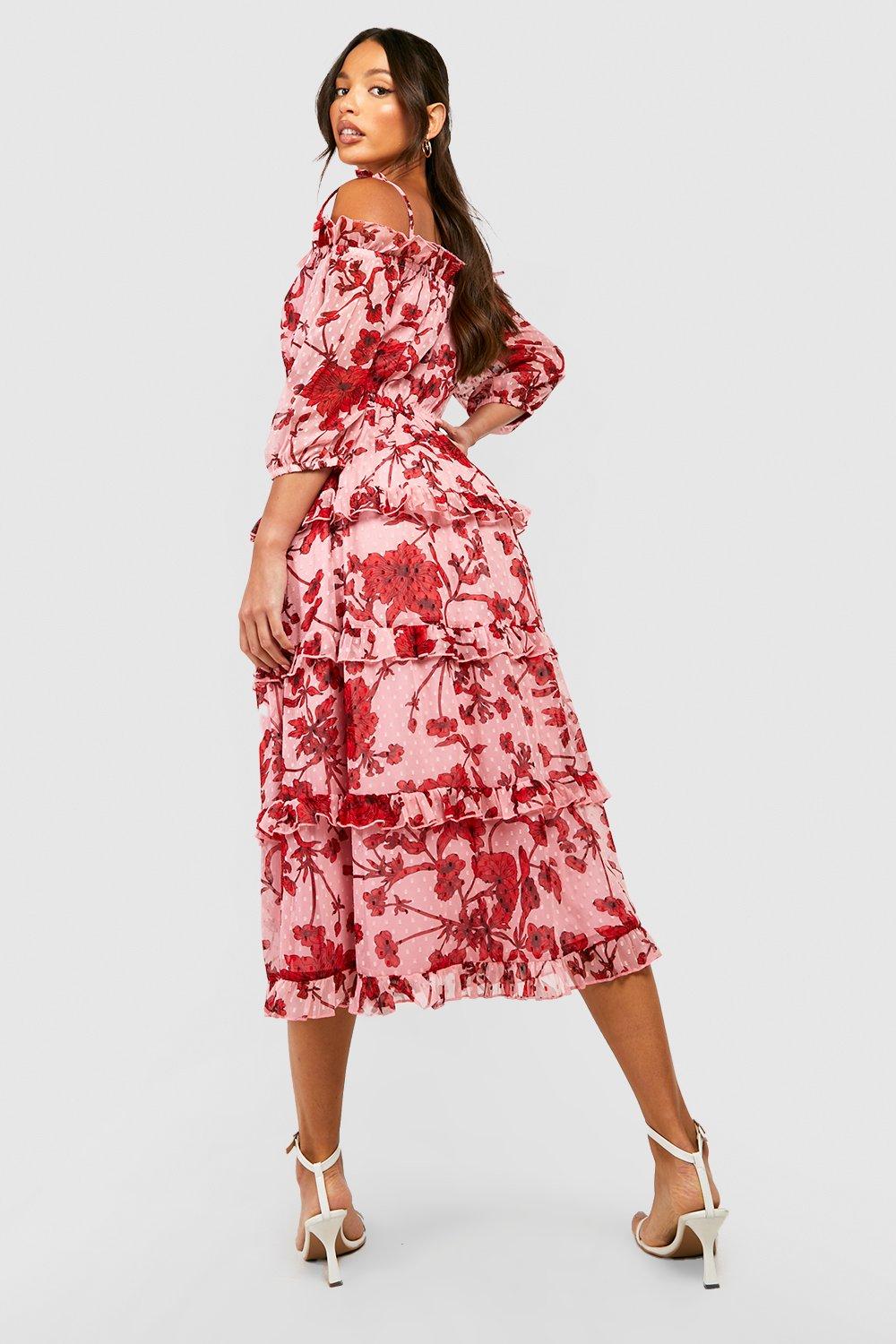 Cold shoulder floral print tiered clearance dress