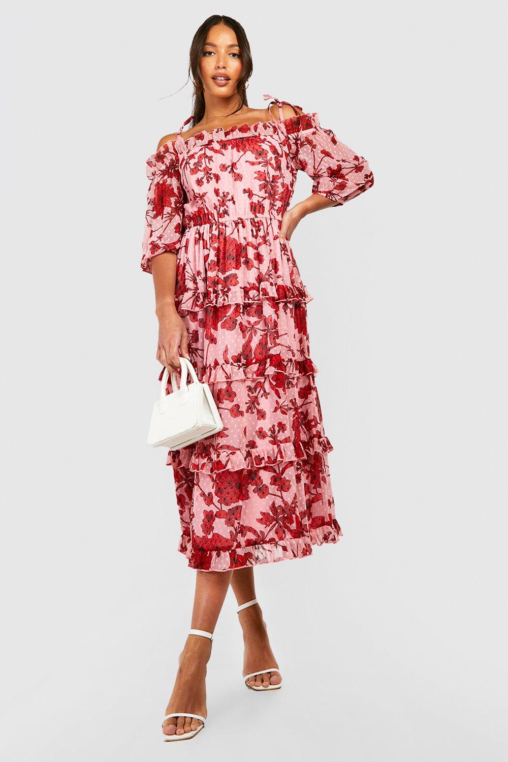 Forever unique red print bardot store midi dress