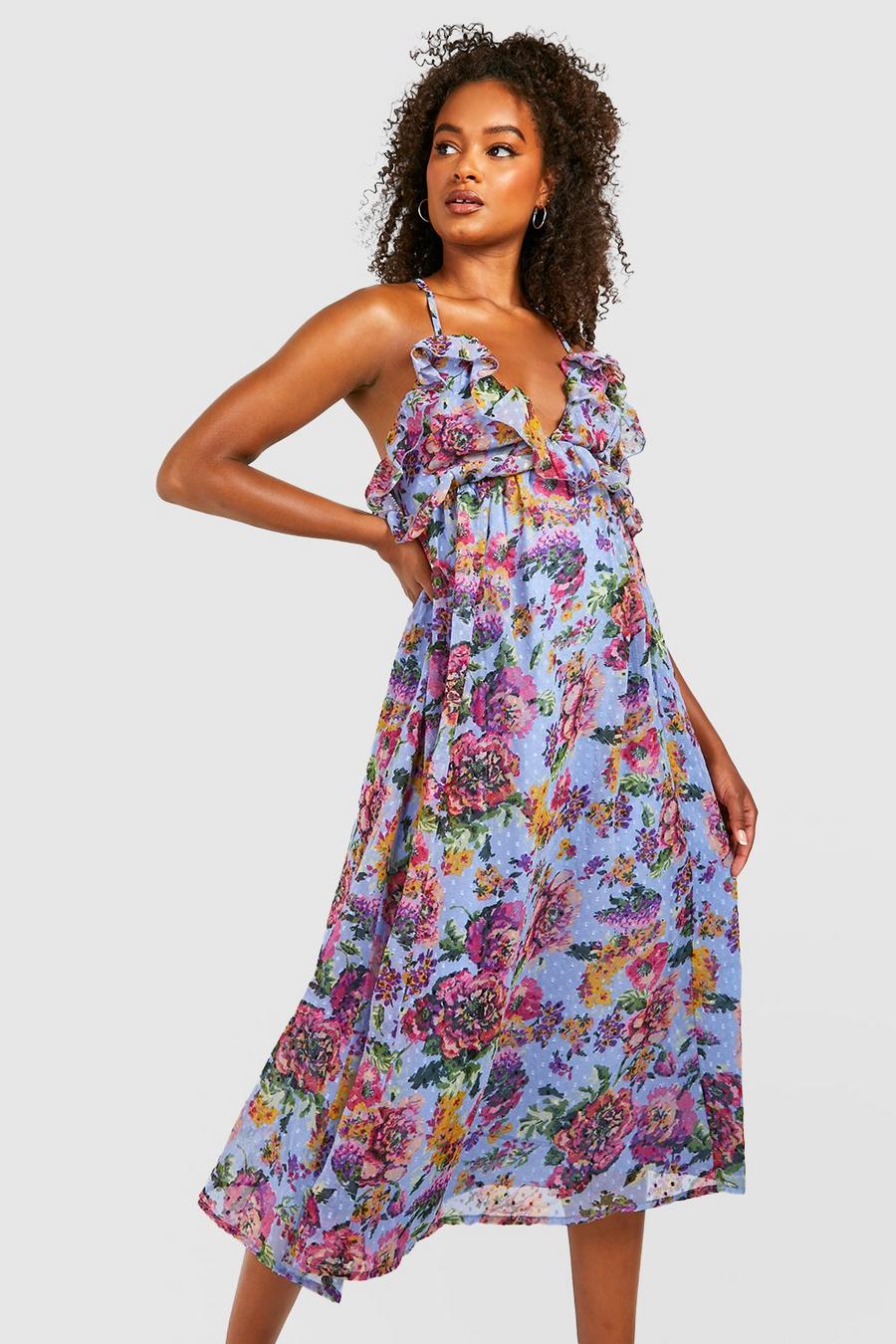 Blue Tall Floral Dobby Ruffle Strappy Midi Dress image number 1