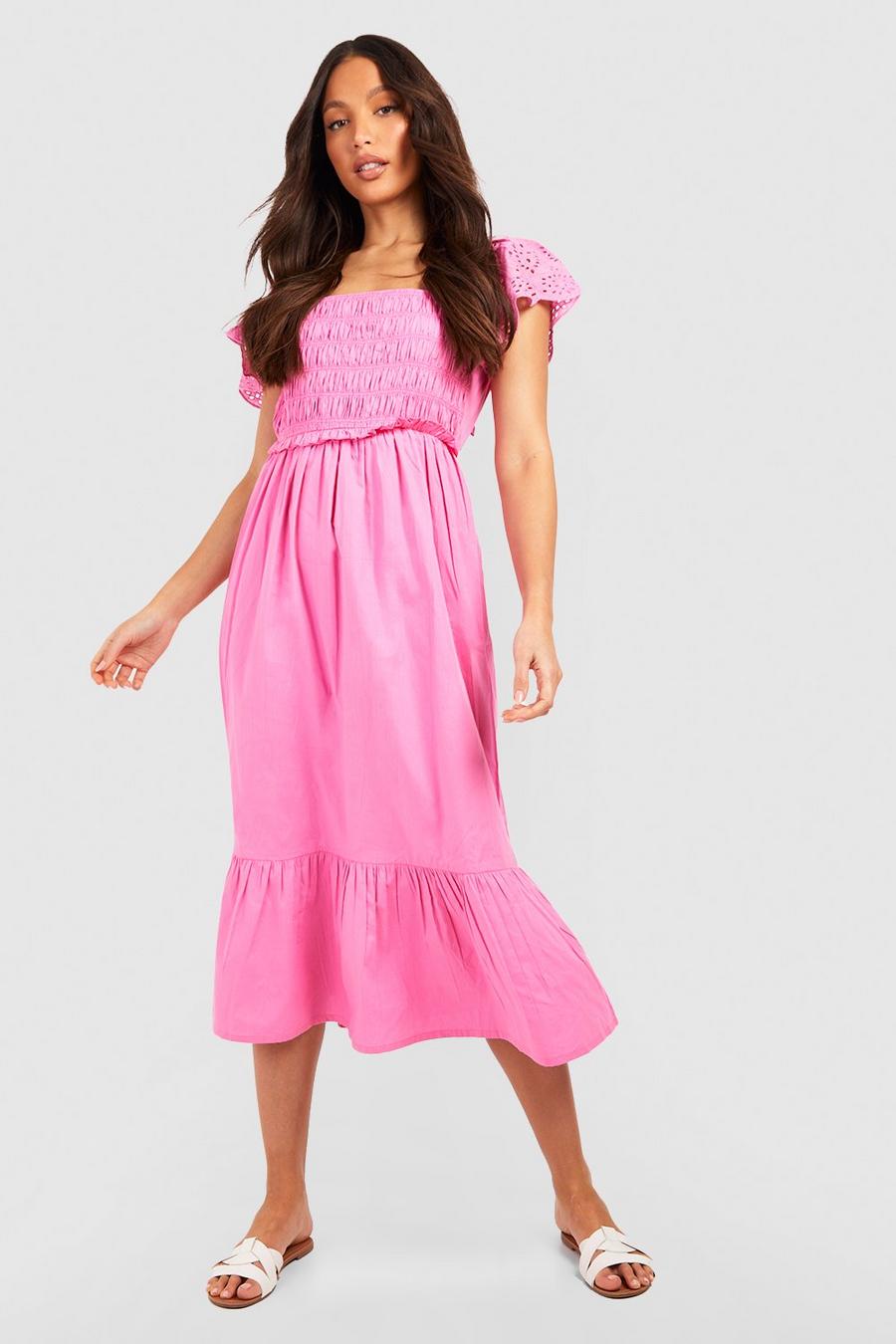 Pink Tall Broderie Detail Poplin Midi Dress