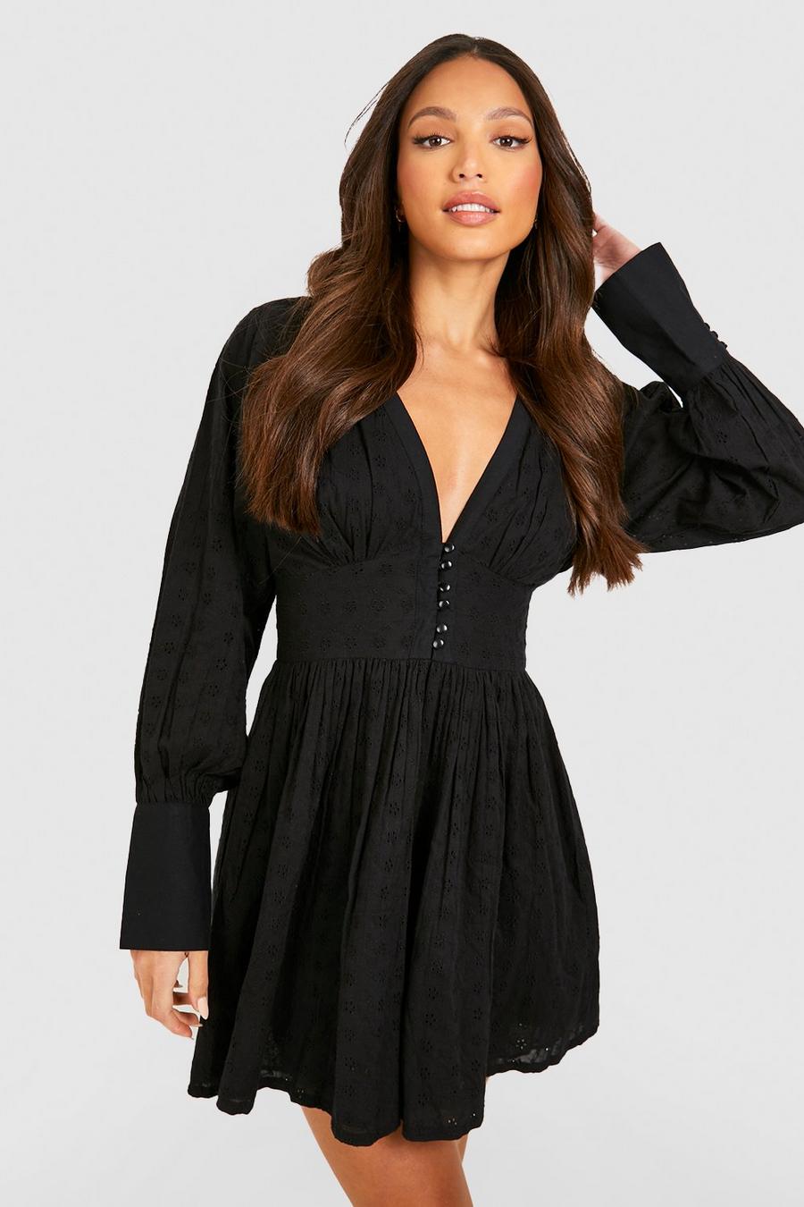 Black Tall Broderie Puff Sleeve Skater Dress image number 1