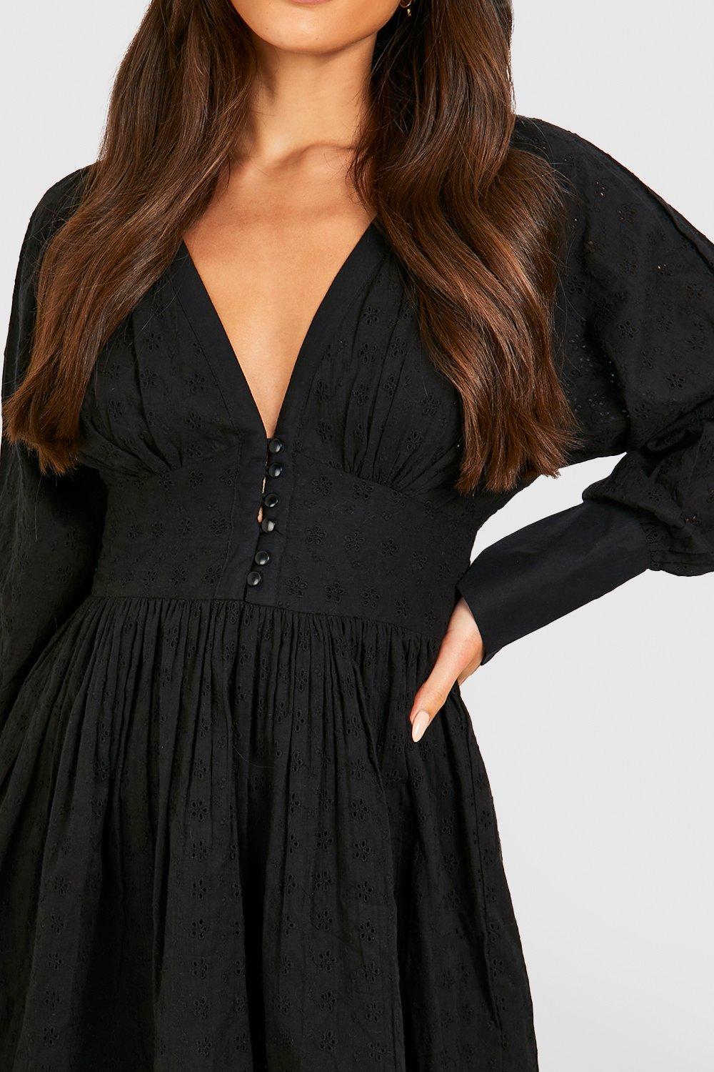 Black Button Front Fitted Puff Sleeve Skater Dress