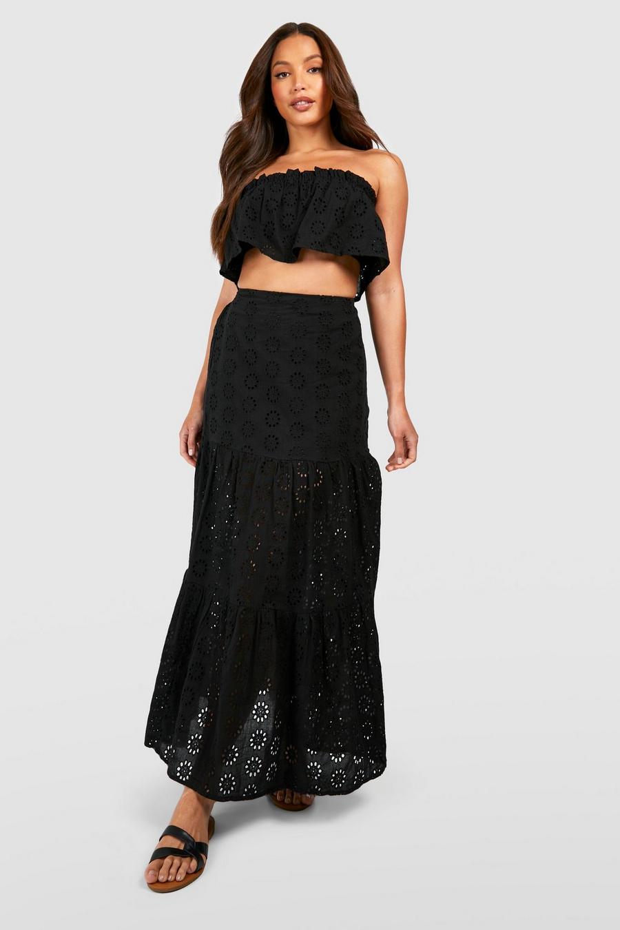 Black Tall Broderie Bandeau Crop And Maxi Skirt Co-ord