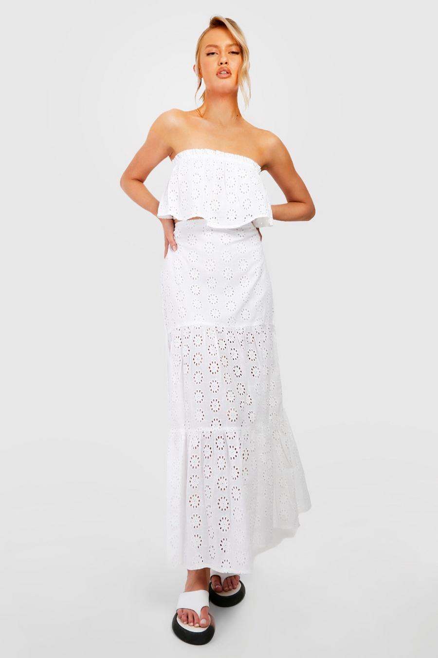 White Tall Broderie Bandeau Crop And Maxi Skirt Co-ord image number 1