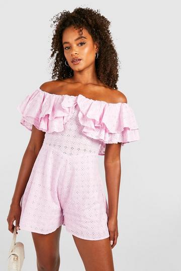 Tall Bardot Blur Floral Ruffle Broderie Flippy Playsuit lavender