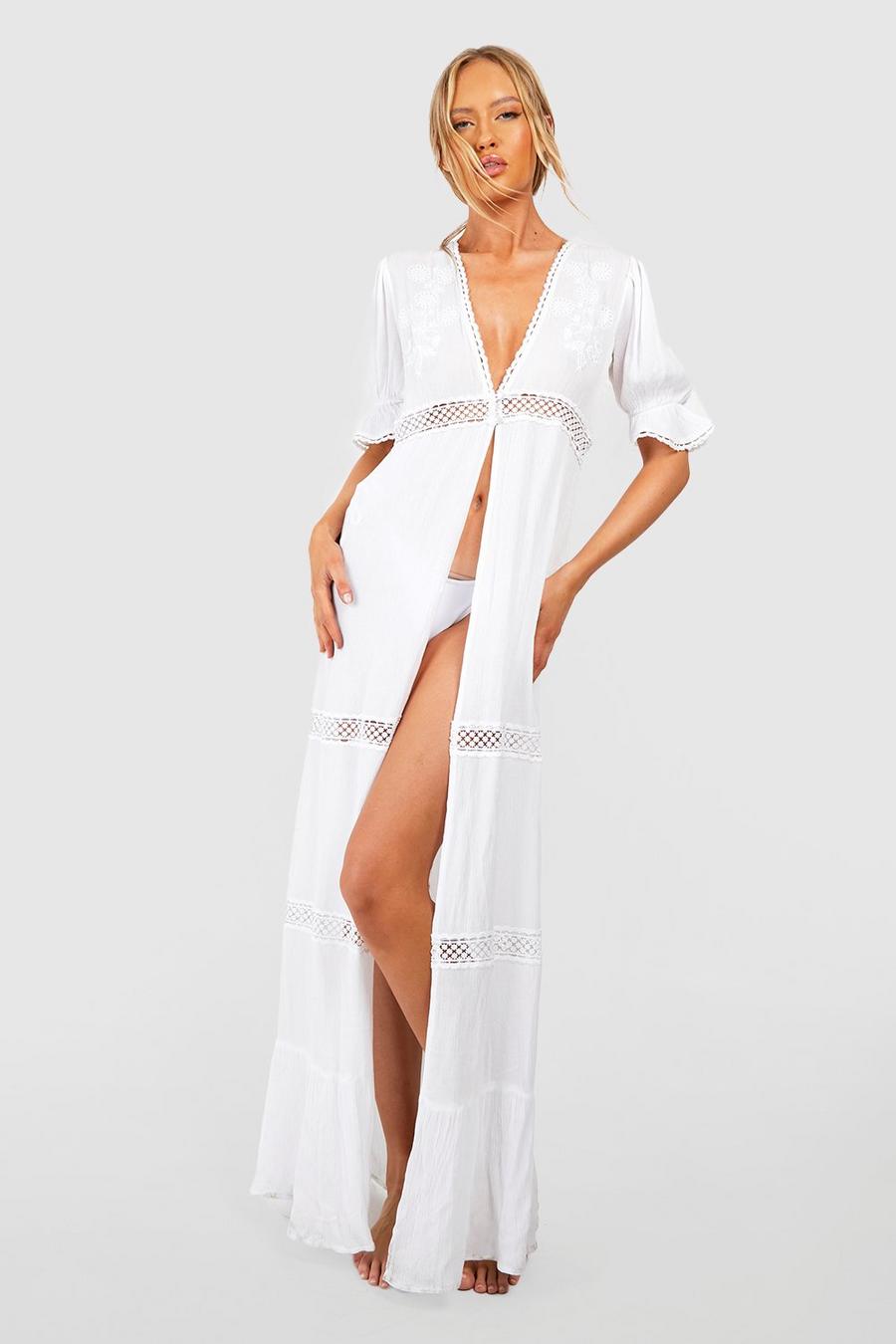 White Tall Embroidered Crinkle Puff Sleeve Maxi Kimono image number 1