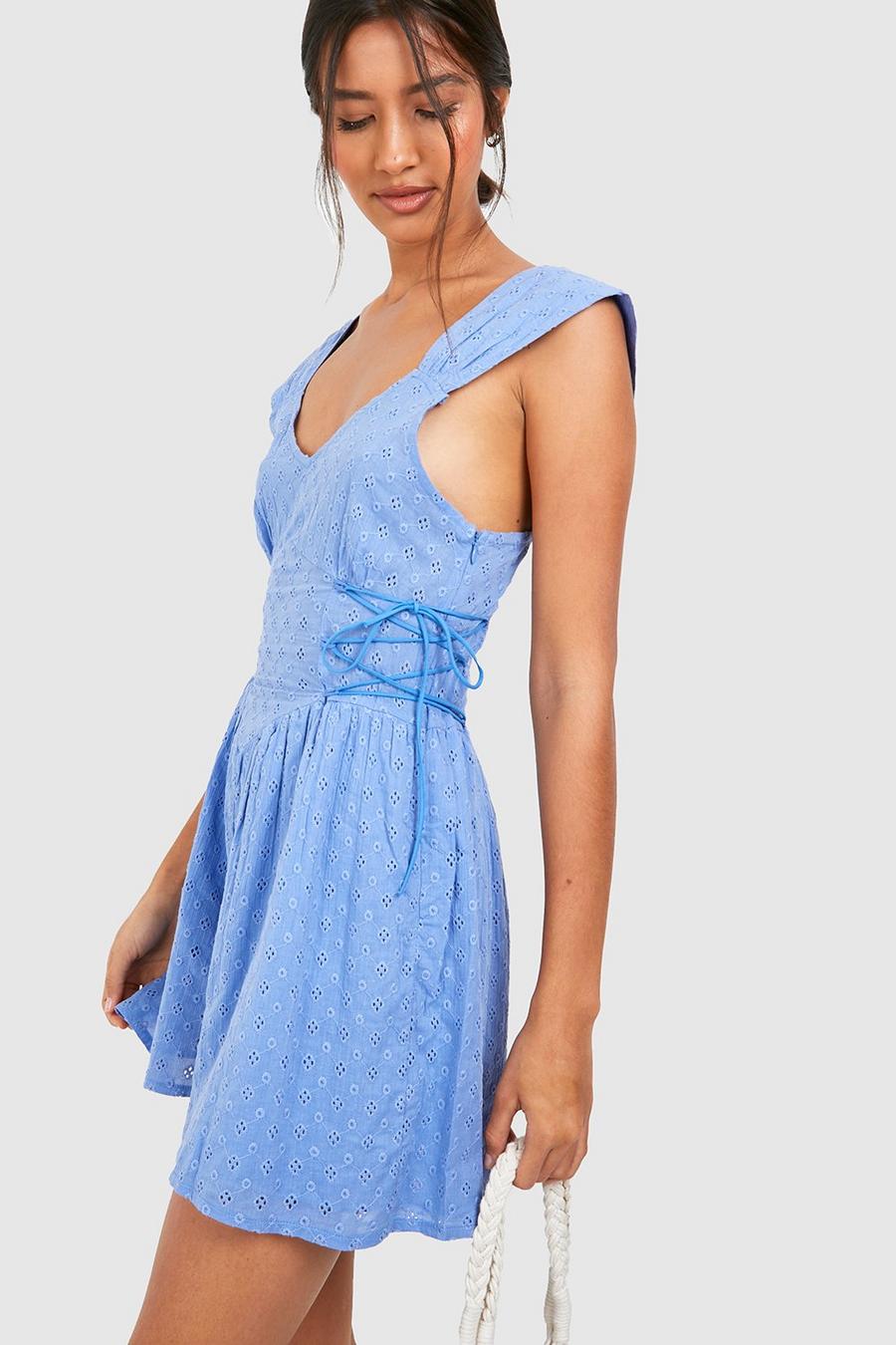 Denim-blue Tall Broderie Lace Up Side Flippy Playsuit