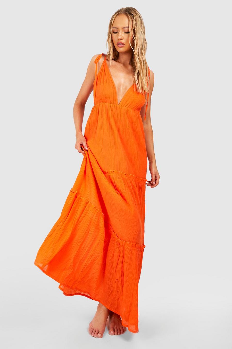 Coral Tall Cheesecloth Tiered Plunge Strappy Maxi Dress image number 1