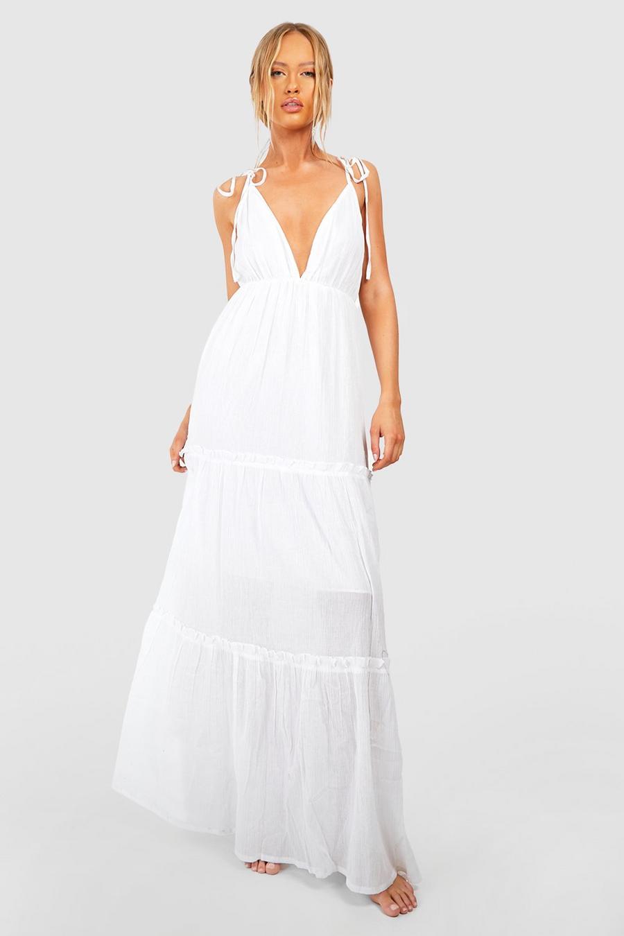 White Tall Cheesecloth Tiered Plunge Strappy Maxi Dress image number 1