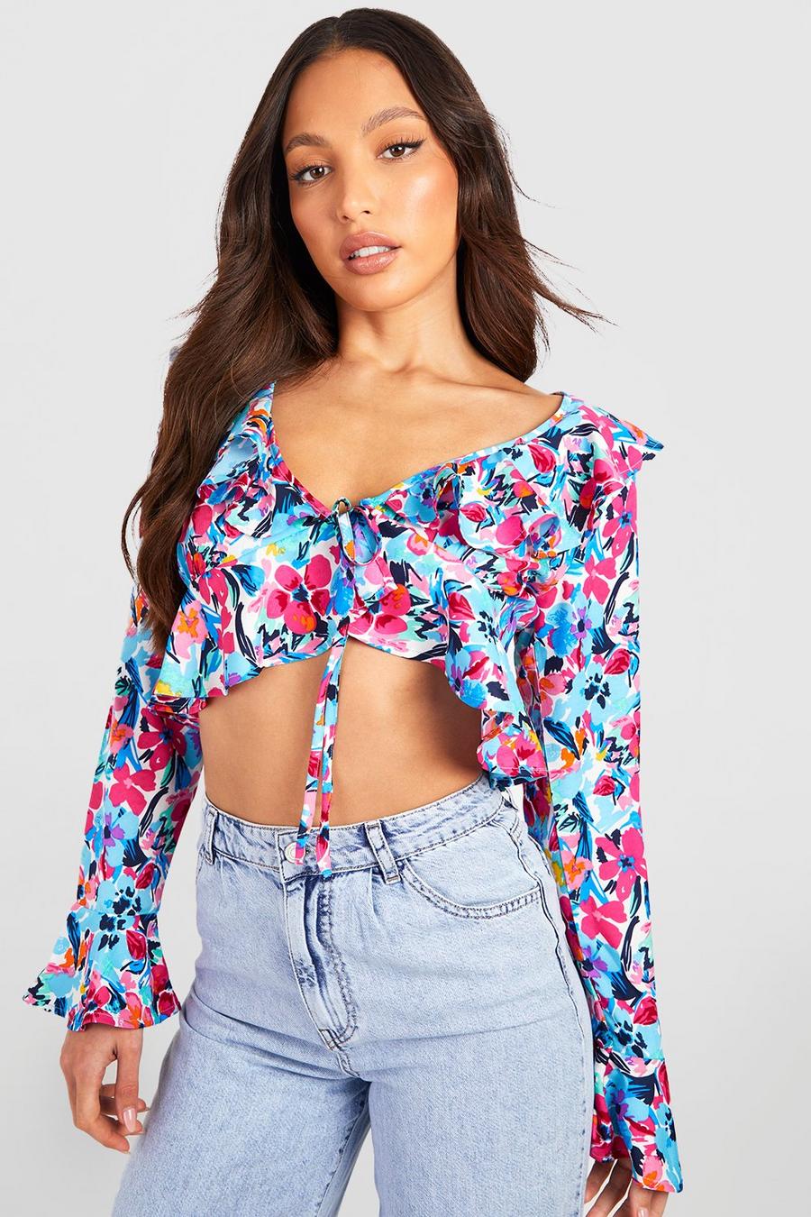 Blue Tall Floral Ruffle Tie Front Crop Blouse image number 1