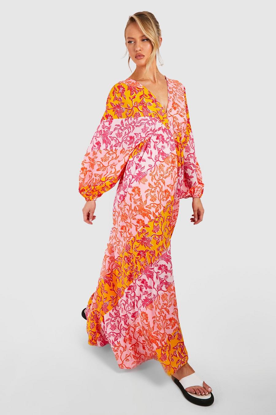 Multi Tall Blommig långklänning med fladdermusärm image number 1