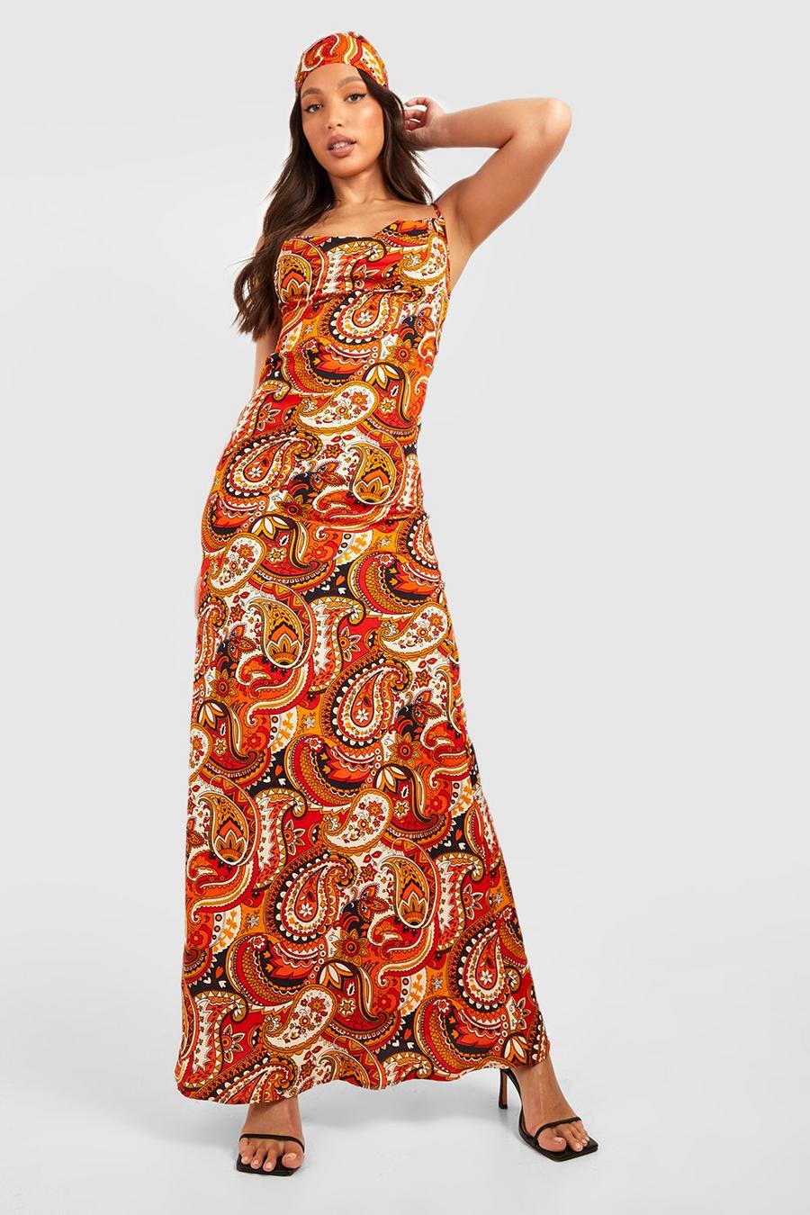 Rust Tall Bright Paisley Maxi Dress With Matching Headscarf image number 1