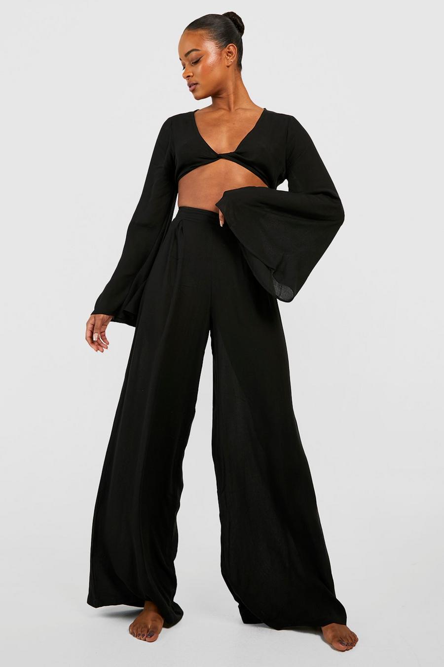 Black Tall Wide Leg Cheesecloth Trousers image number 1