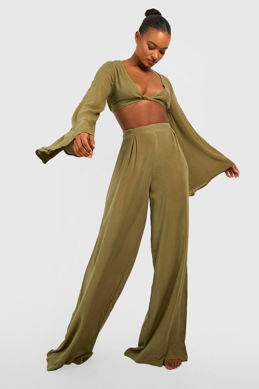 Khaki Tall Wide Leg Cheesecloth Pants image number 1