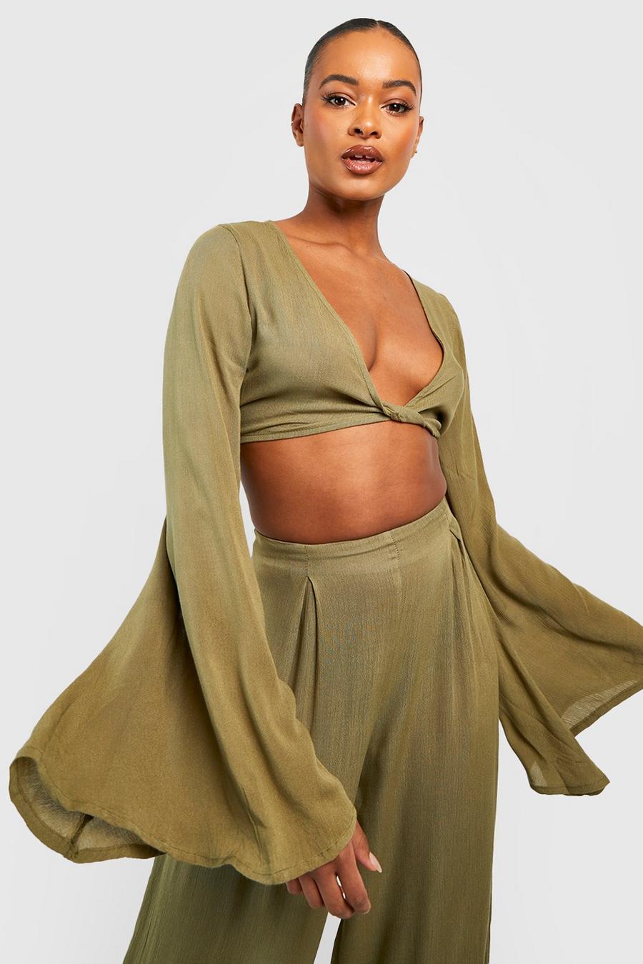 Khaki Tall Twist Front Flare Sleeve Crop Top image number 1