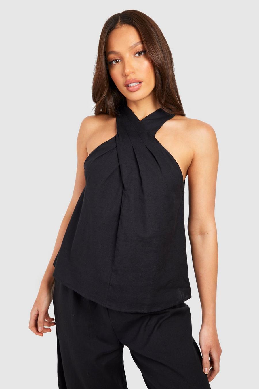 Black Tall Halter Pleat Linen Shell Top image number 1