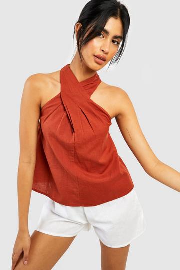 Tall Halter Pleat Linen Look Shell Top terracotta