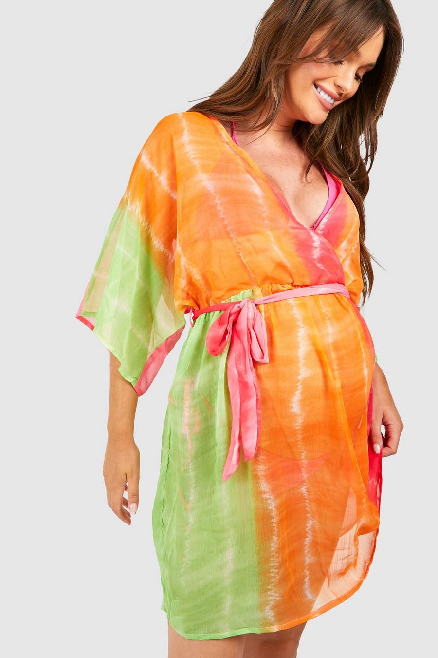Vestido Premamá mini para la playa cruzado con desteñido anudado, Multi multicolor