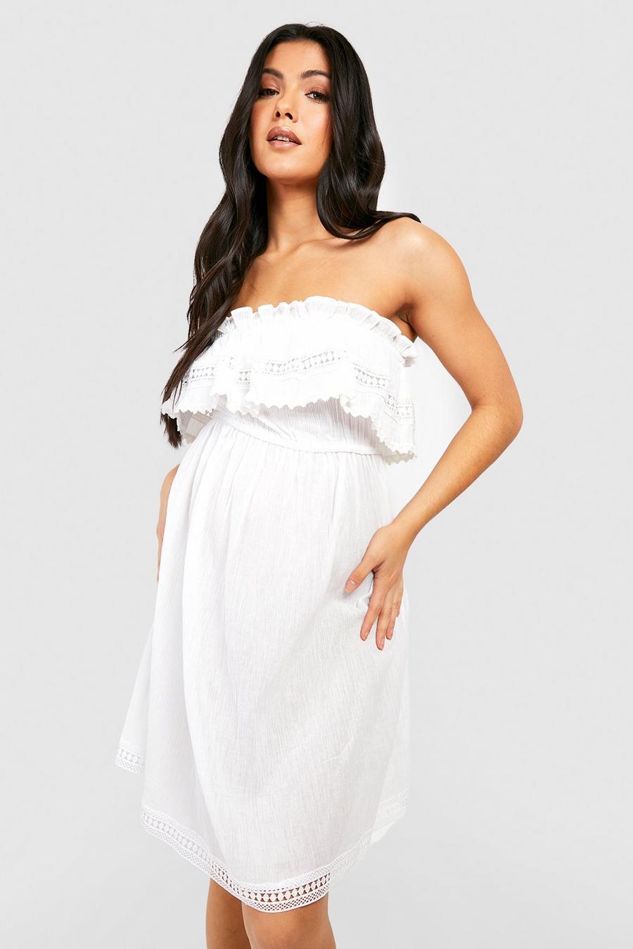 White Maternity Crochet Trim Bandeau Beach Dress image number 1