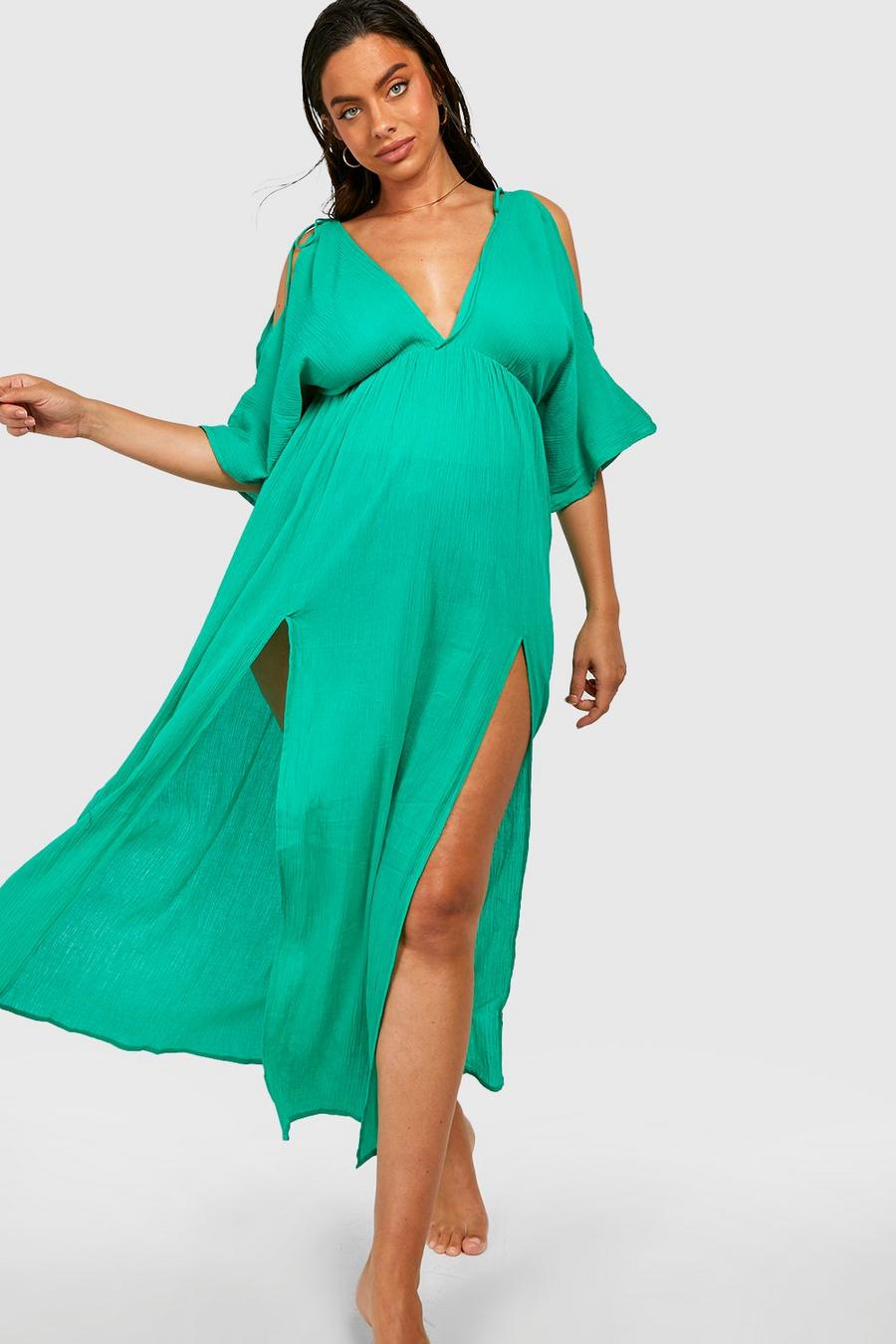 Green Maternity Cold Shoulder Maxi Beach Dress image number 1