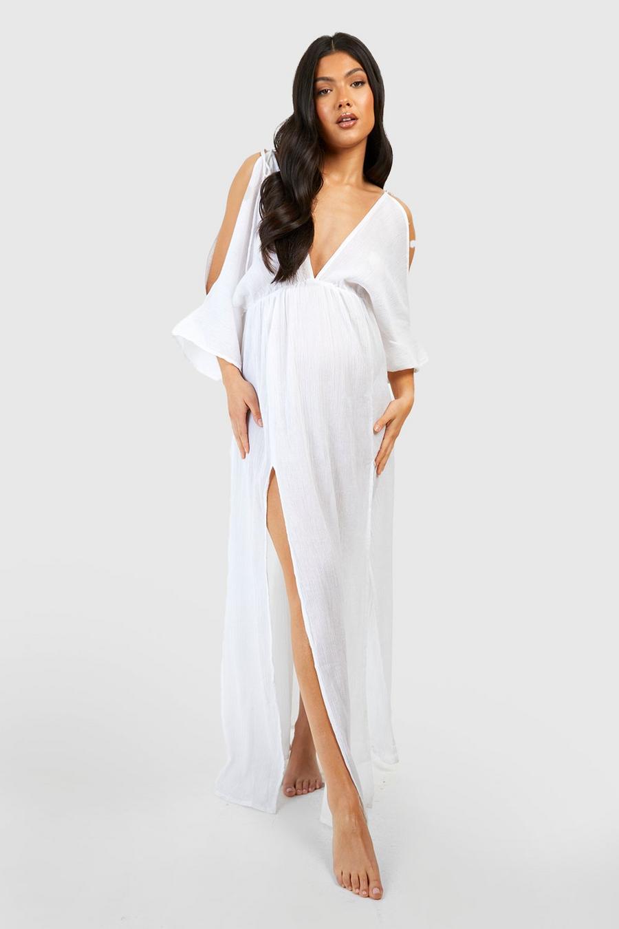 White Maternity Cold Shoulder Maxi Beach Dress