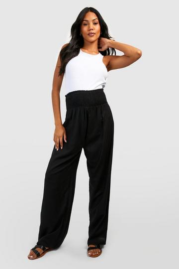 Black Maternity Shirred Waist Linen Wide Leg Pants