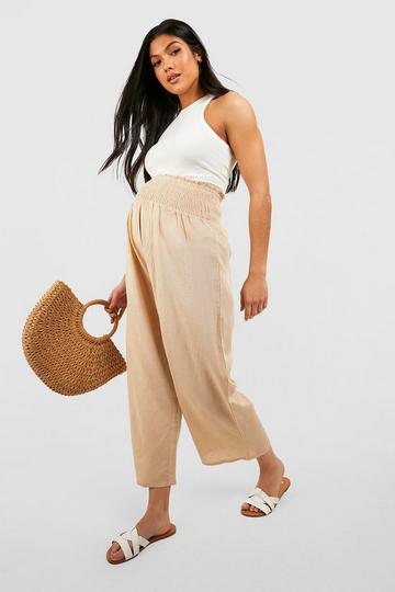 Stone Beige Maternity Shirred Waist Linen Look Look Culottes