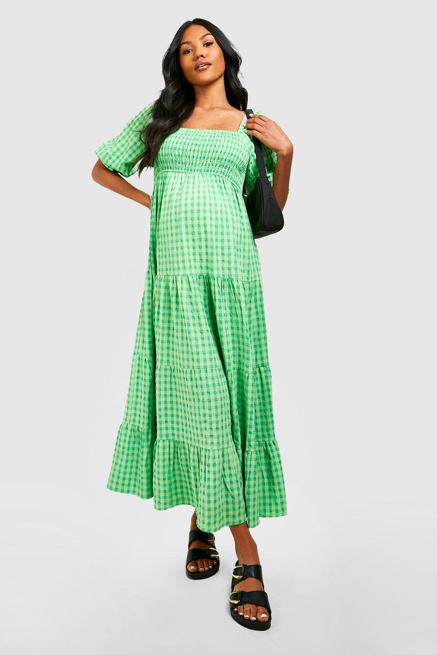 Green Maternity Gingham Print Midaxi Dress