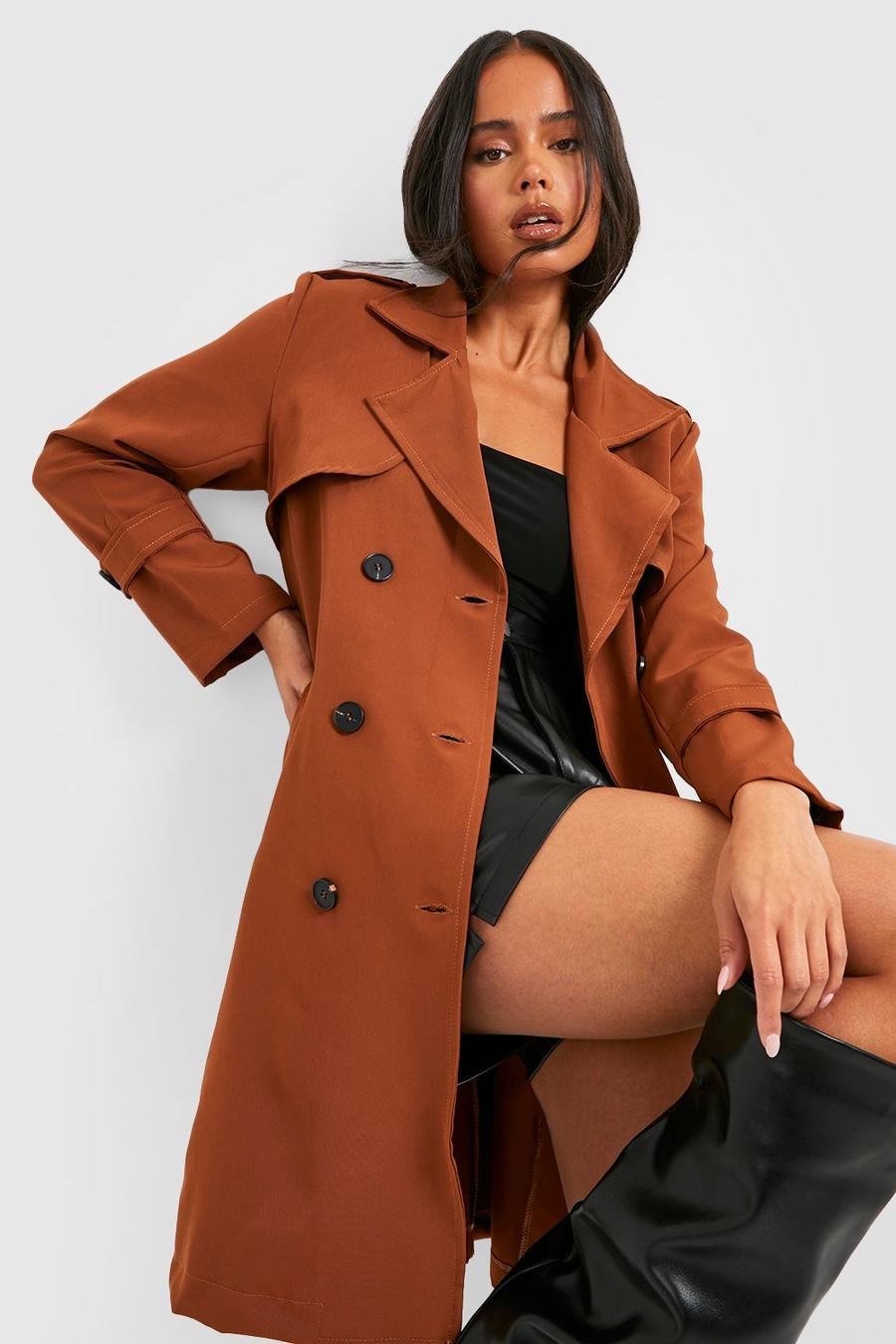 Camel Petite Button Detail Belted Trench Coat image number 1