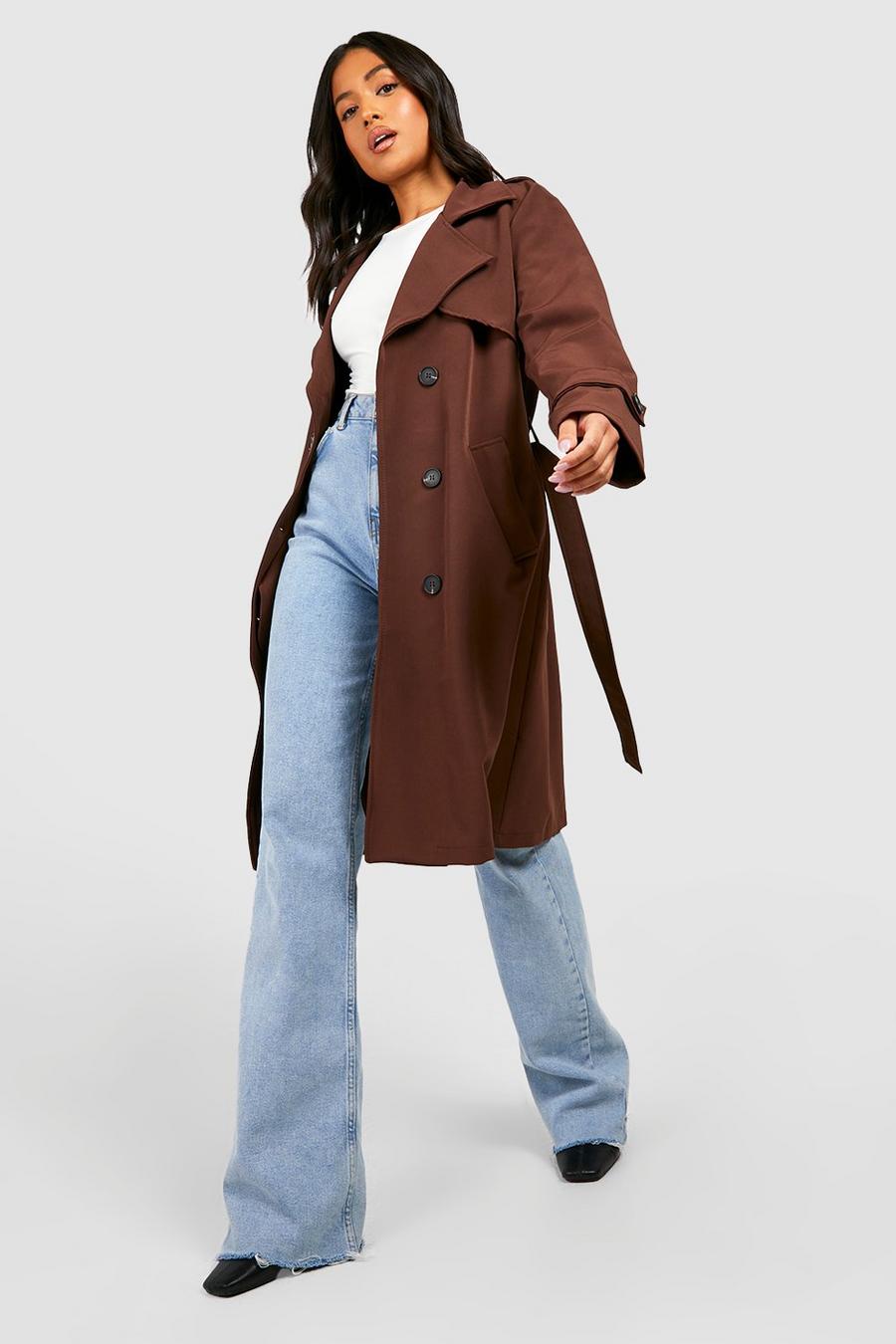 Chocolate brun Petite Button Detail Belted Trench Coat 