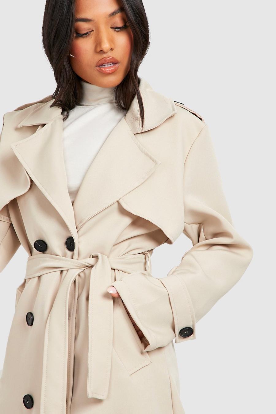Stone beis Petite Button Detail Belted Trench Coat 