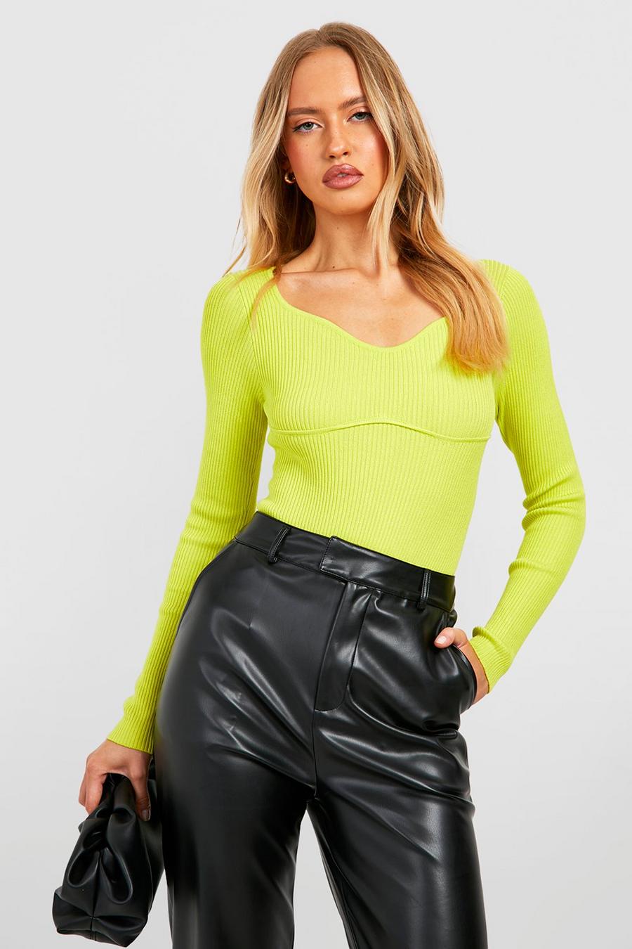 Lime Tall Corset Seam Detail Rib Knitted Longsleeve Bodysuit image number 1