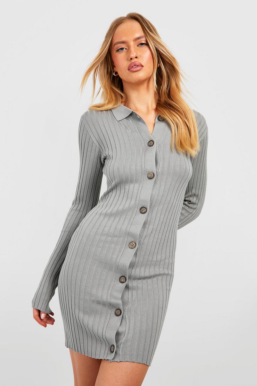 Charcoal grey Tall Collared Button Through Rib Knit Mini Dress