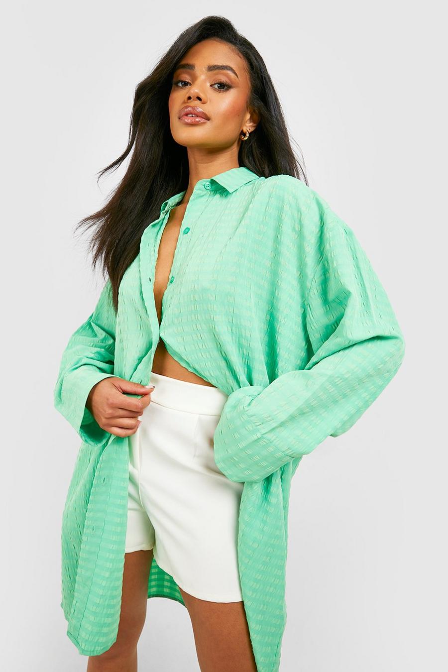 Green Textured Oversized Longline Shirt