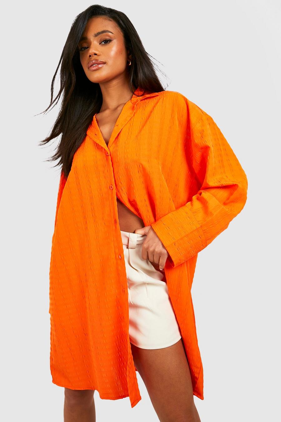 Camicia lunga oversize con trama, Orange image number 1