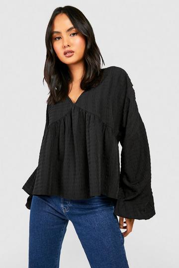 Textured Puff Sleeve V Neck Smock Top black