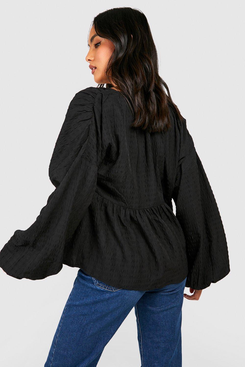 Textured Puff Sleeve V Neck Smock Top