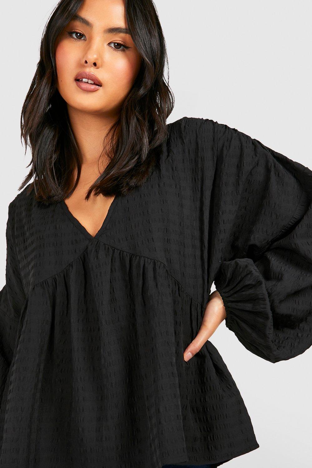 Textured Puff Sleeve V Neck Smock Top | boohoo