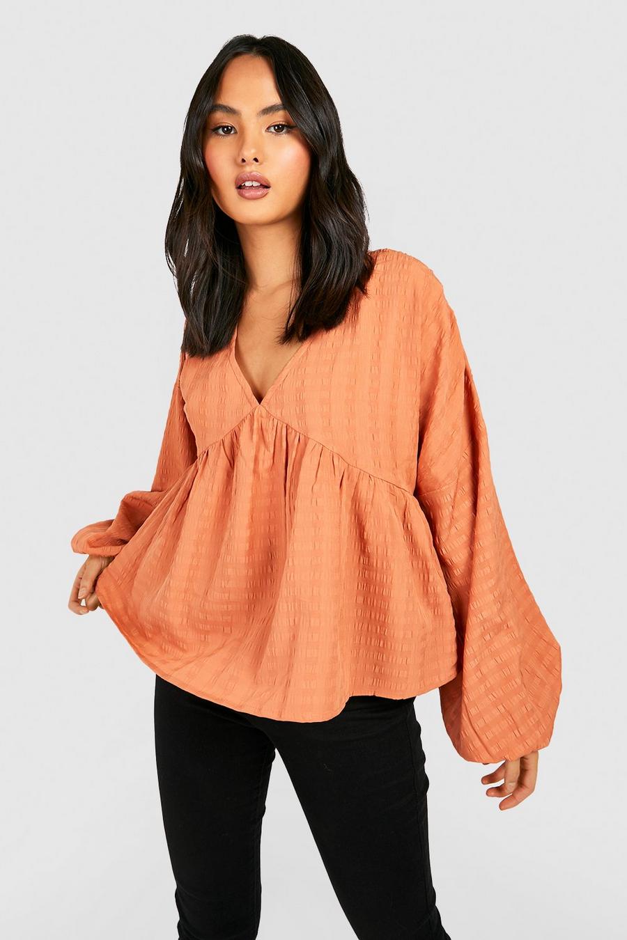 Rust Textured Puff Sleeve V Neck Smock Top image number 1