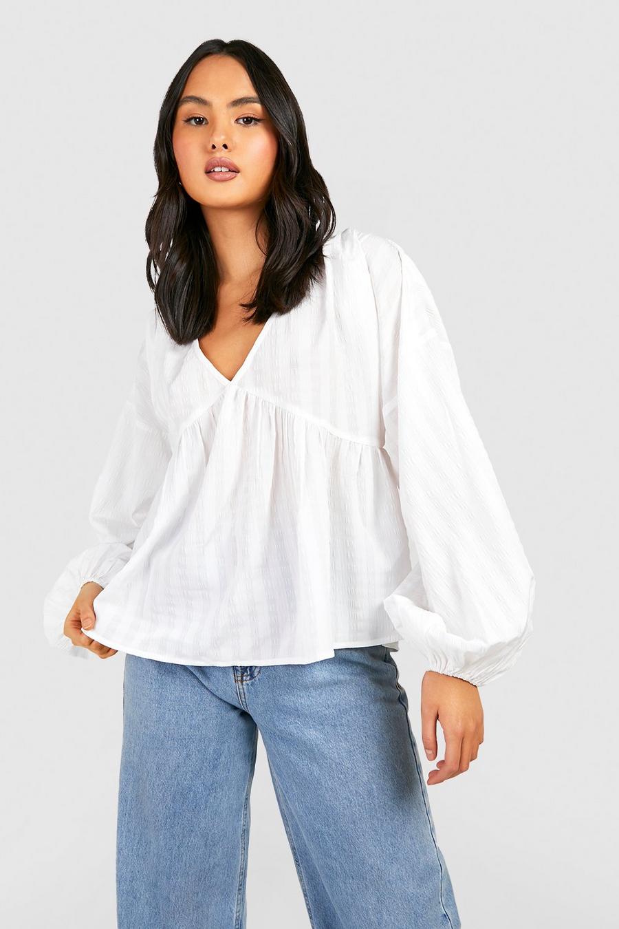 White Textured Puff Sleeve V Neck Smock Top image number 1