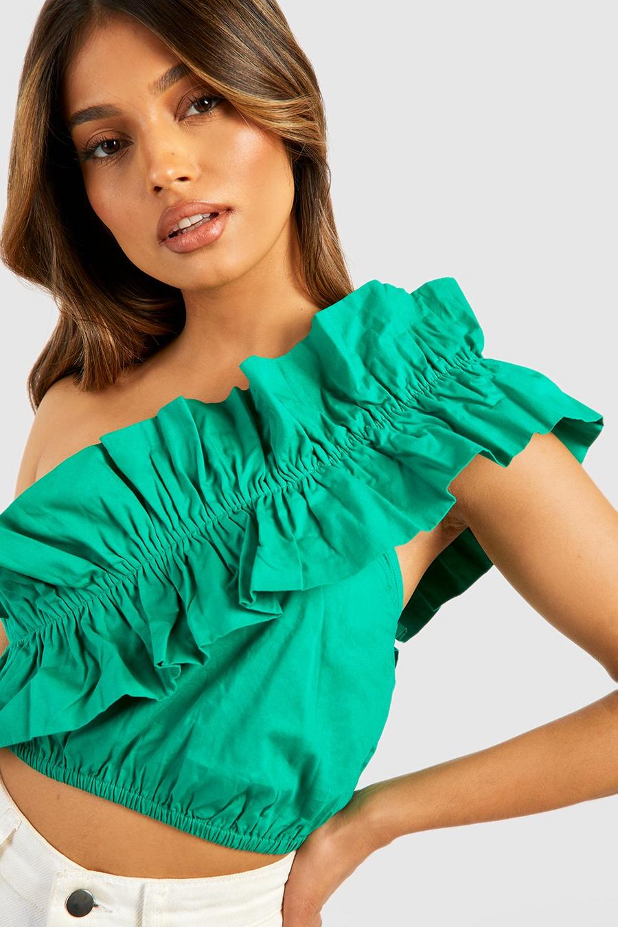 Green Frill One Shoulder Top