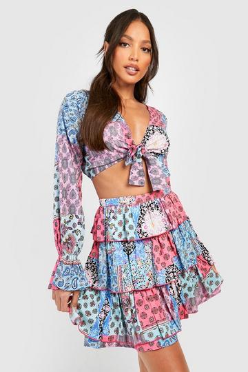 Tall Scarf Print Ruffle Mini Skirt blue