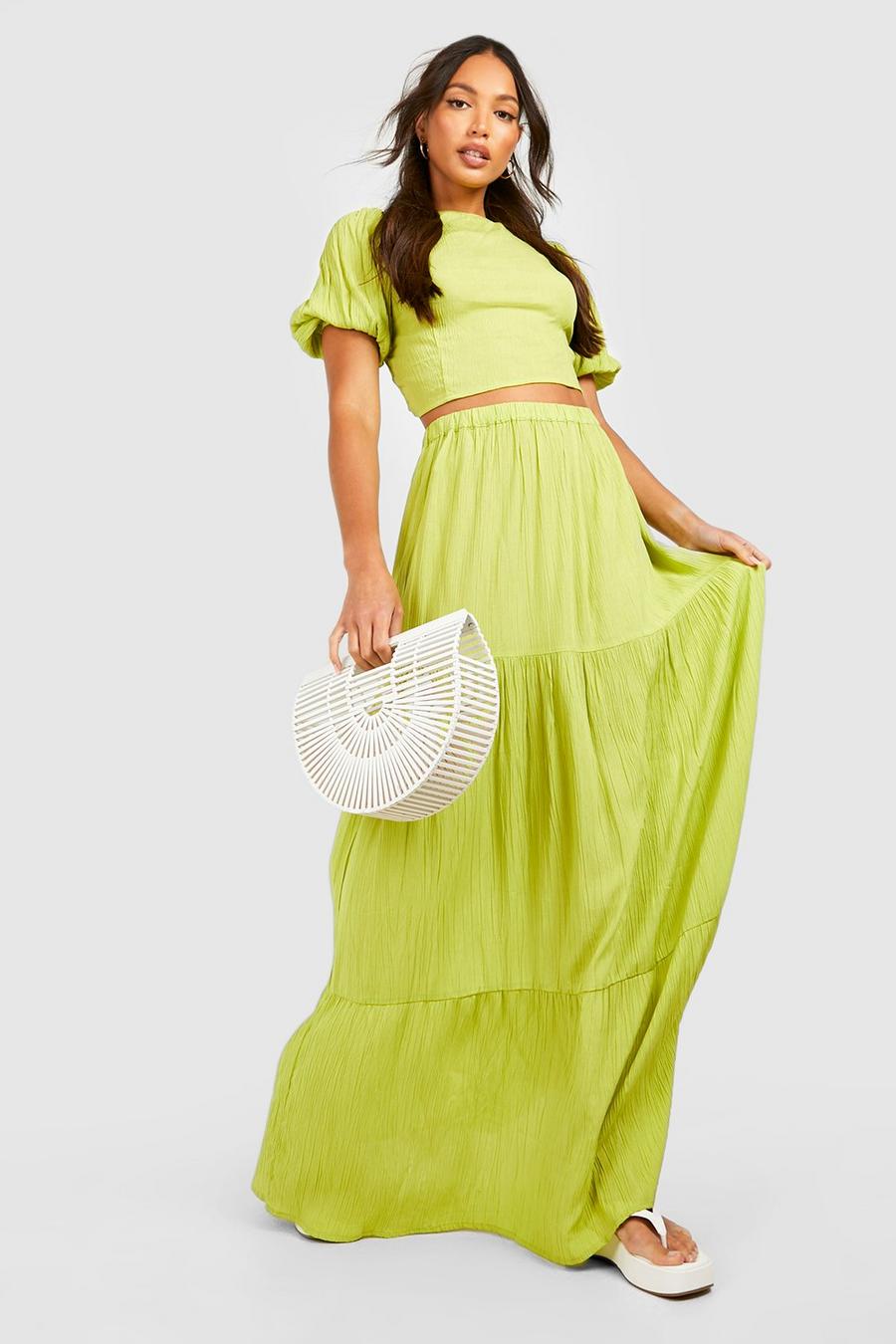 Set Tall crop top effetto goffrato con laccetti & gonna maxi, Chartreuse image number 1