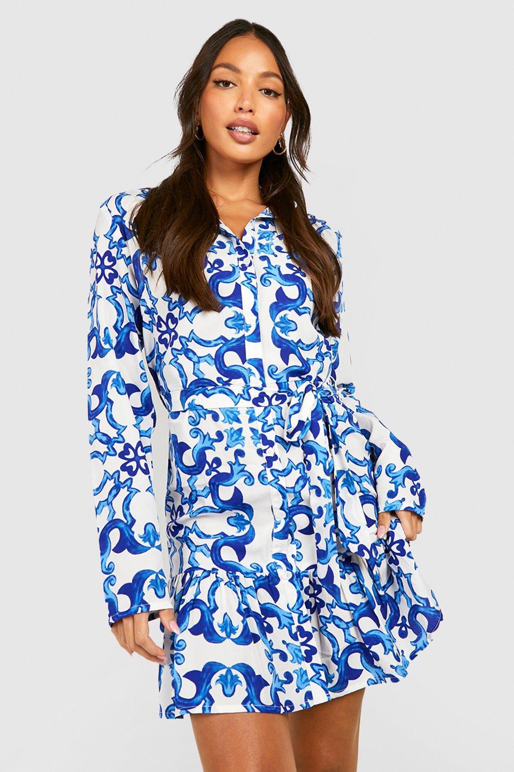 Women s Tall Scarf Print Skater Shirt Dress Boohoo UK