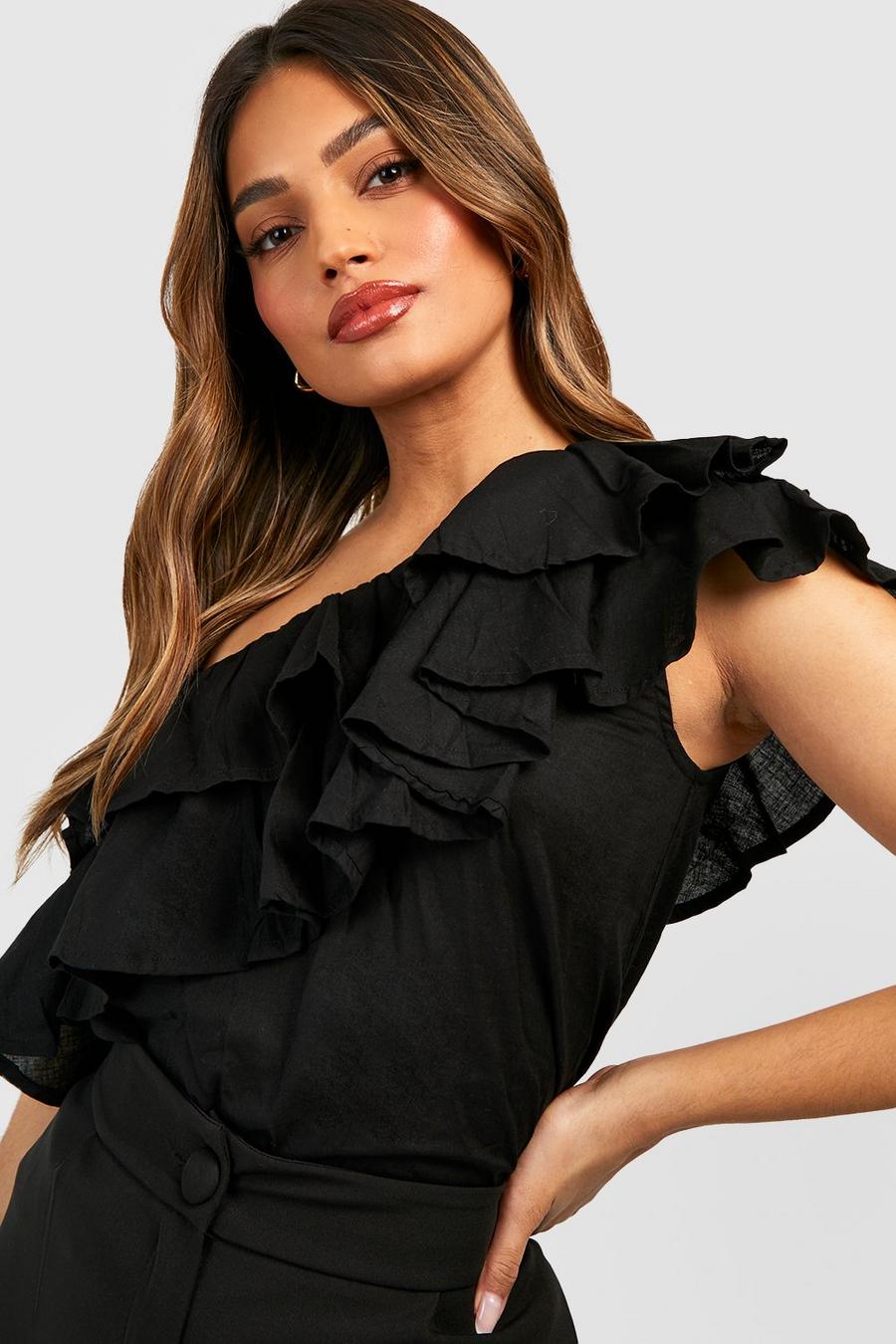 Black Woven Frill One Shoulder Top