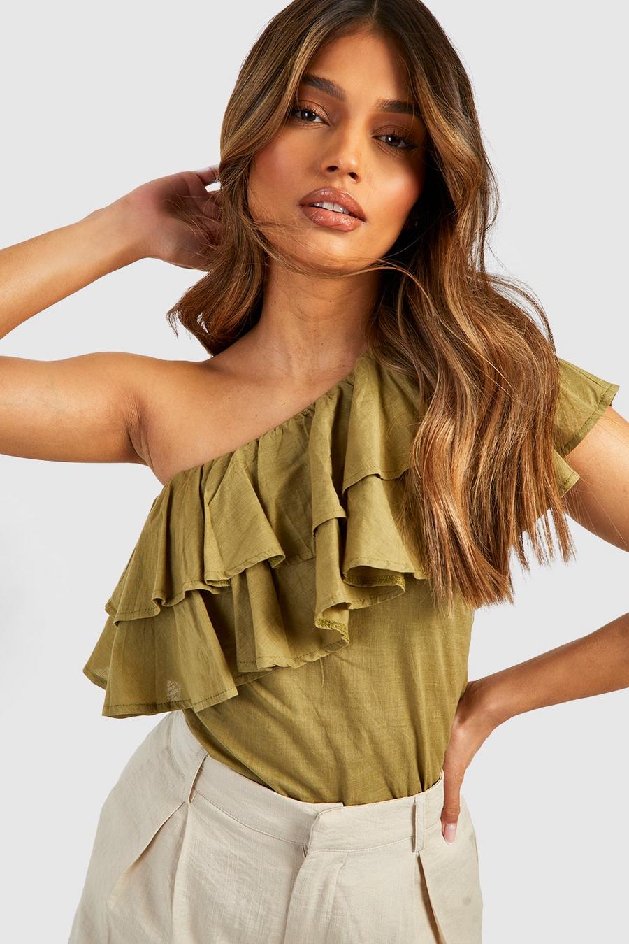 Khaki Woven Frill One Shoulder Top image number 1