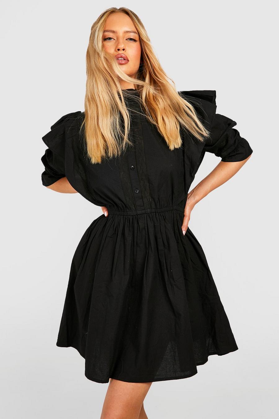 Black Tall Cotton Poplin Embroidery Detail Shirt Dress image number 1