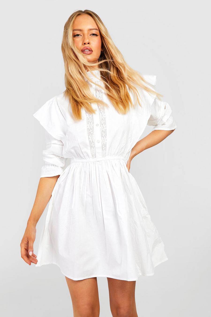 White Tall Cotton Poplin Embroidery Detail Shirt Dress image number 1